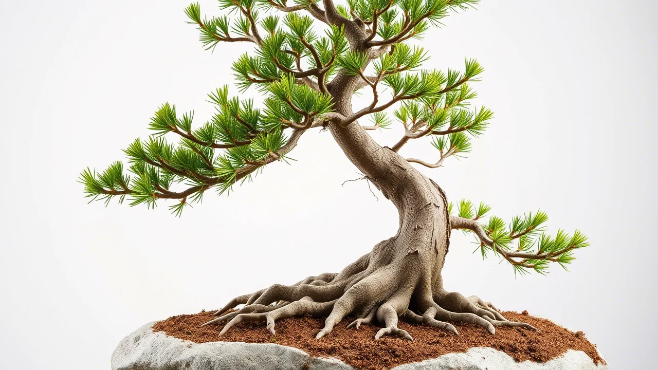 Elegant bonsai tree with exposed roots and lush green needles on a rock base