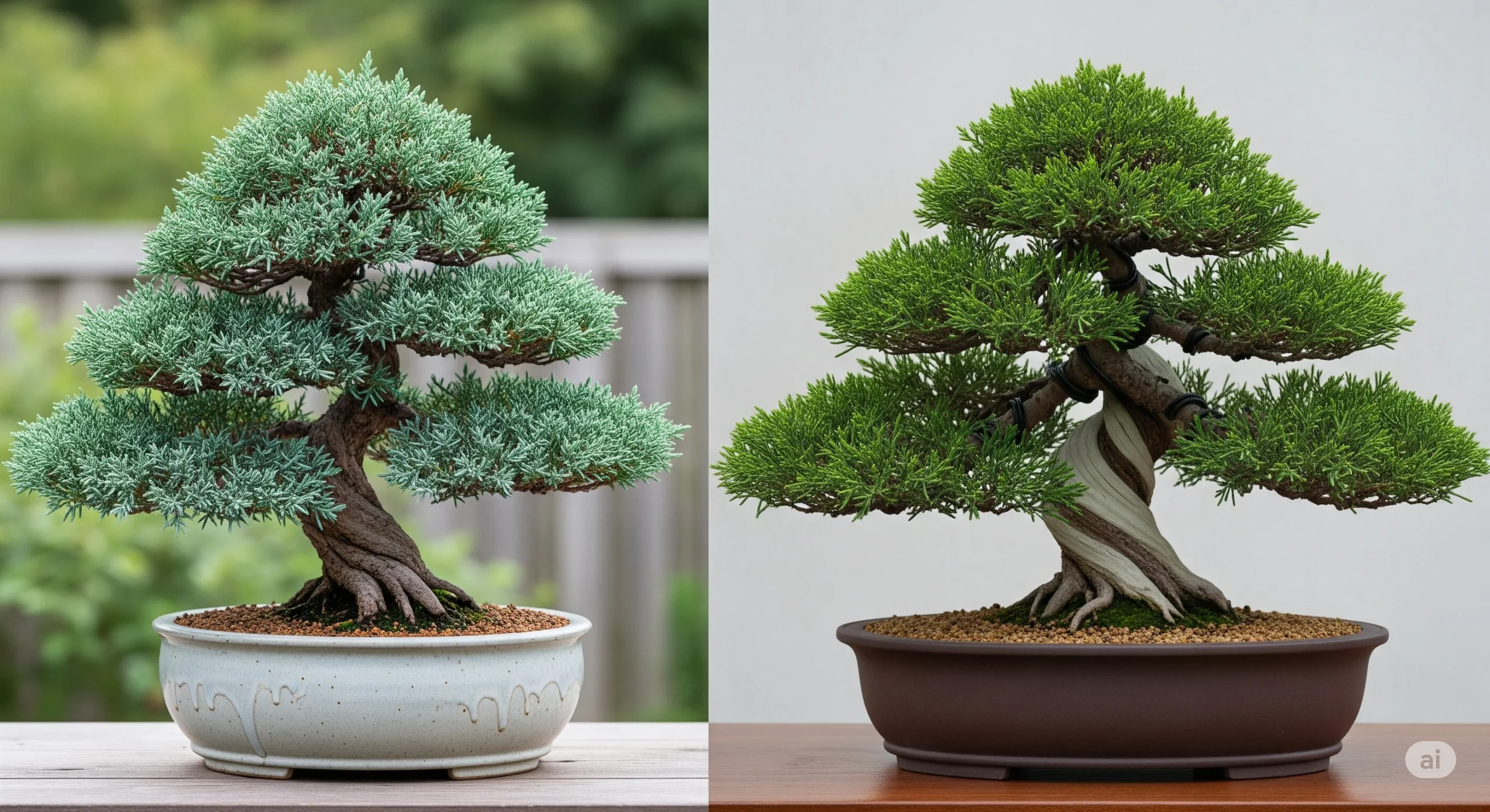 comparing a Chinese Juniper Bonsai and a Japanese Juniper Bonsai side-by-side, highlighting their distinct foliage and growth habits.
