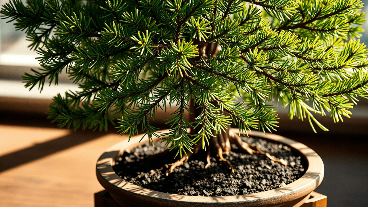 Close-up of Juniper bonsai with yellowing needles