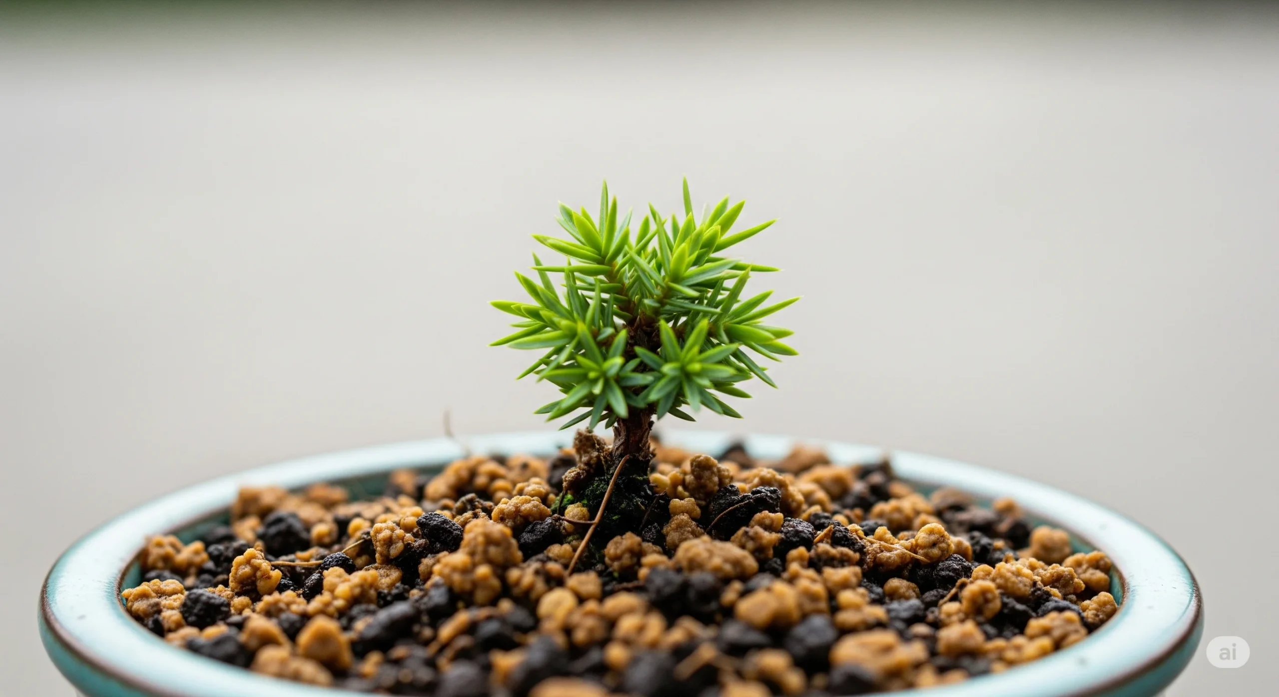 A close-up of a tiny juniper bonsai seedling growing from a seed in a small pot, highlighting its delicate green needles and the textured soil.