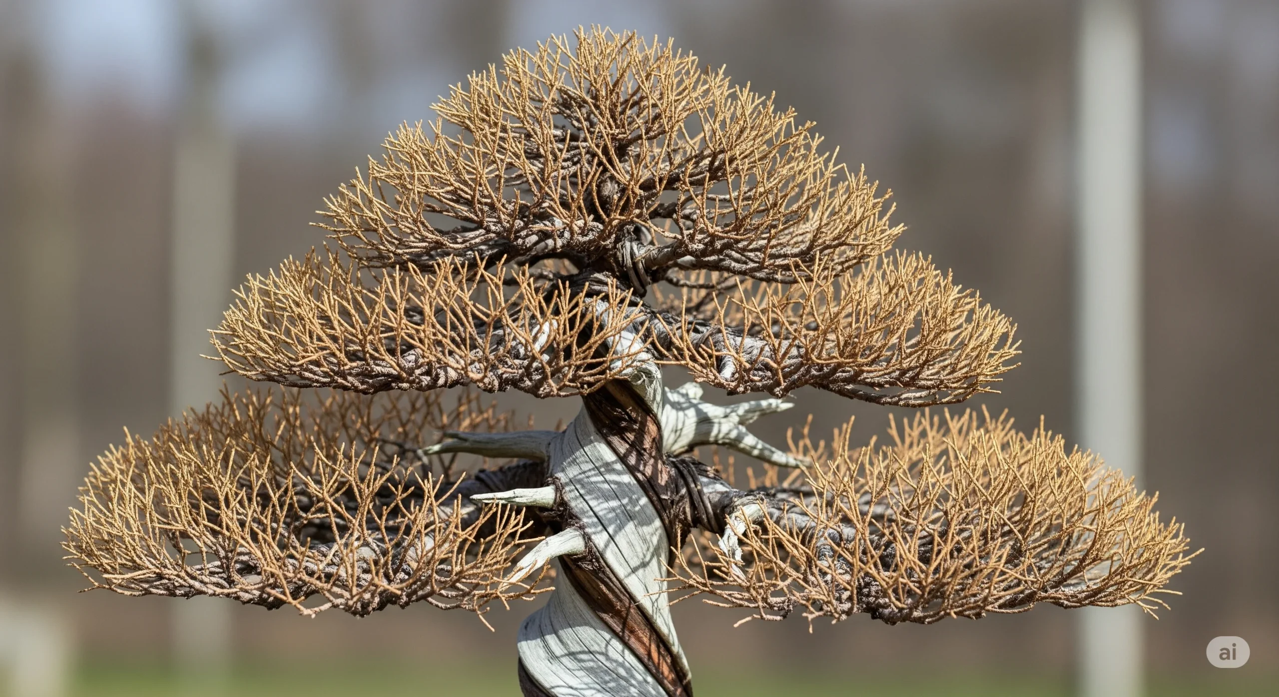 A close-up of a juniper bonsai showing significant leaf loss, highlighting the bare branches and the texture of the bark.