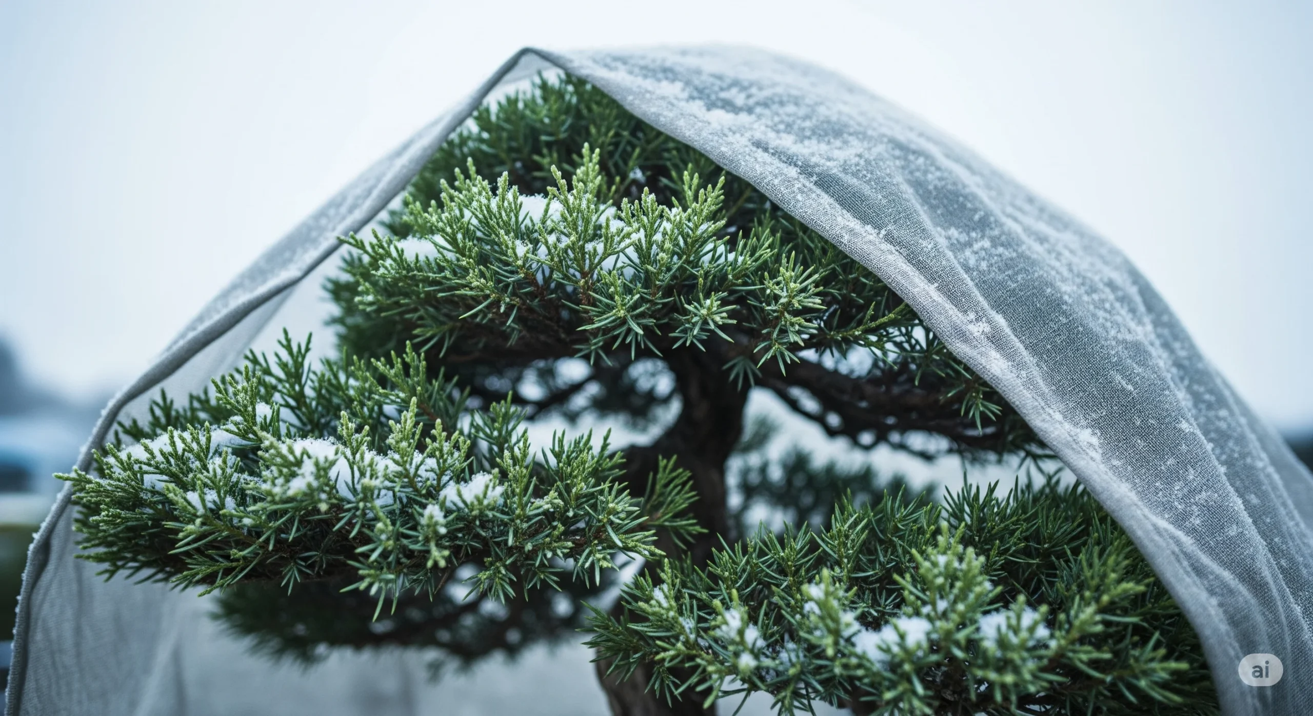 Juniper bonsai tree in winter with light snow and cold protection