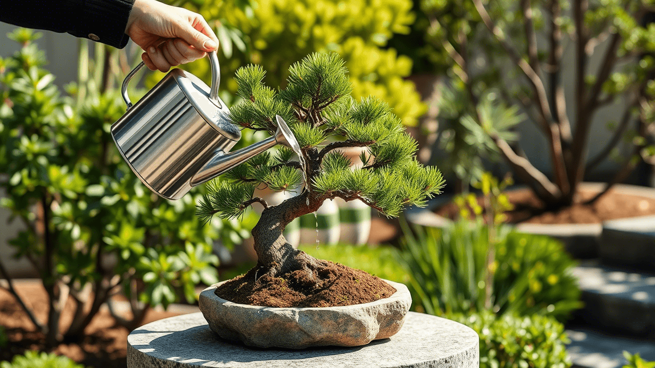watering bonsai tree with watering can