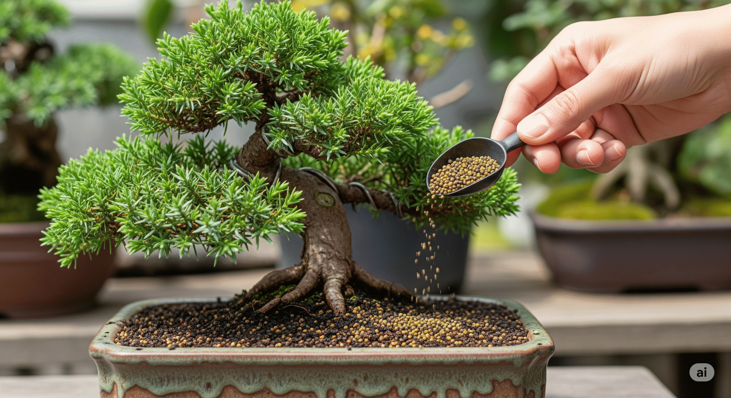 Person fertilizing a juniper bonsai tree in a ceramic pot.