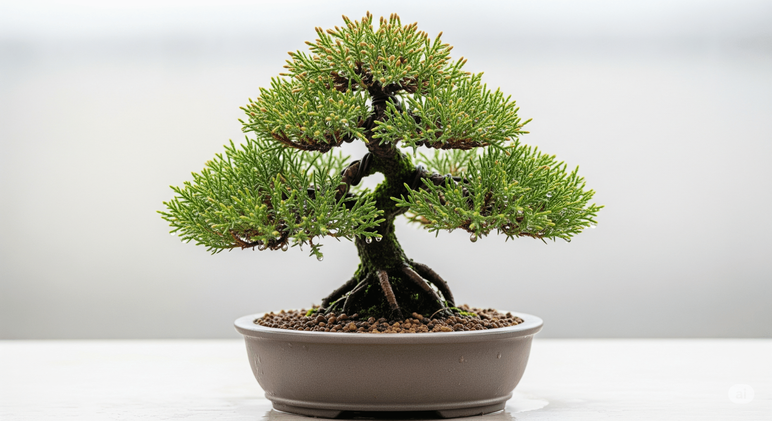 Juniper bonsai tree with visible effects of humidity on its health and growth.