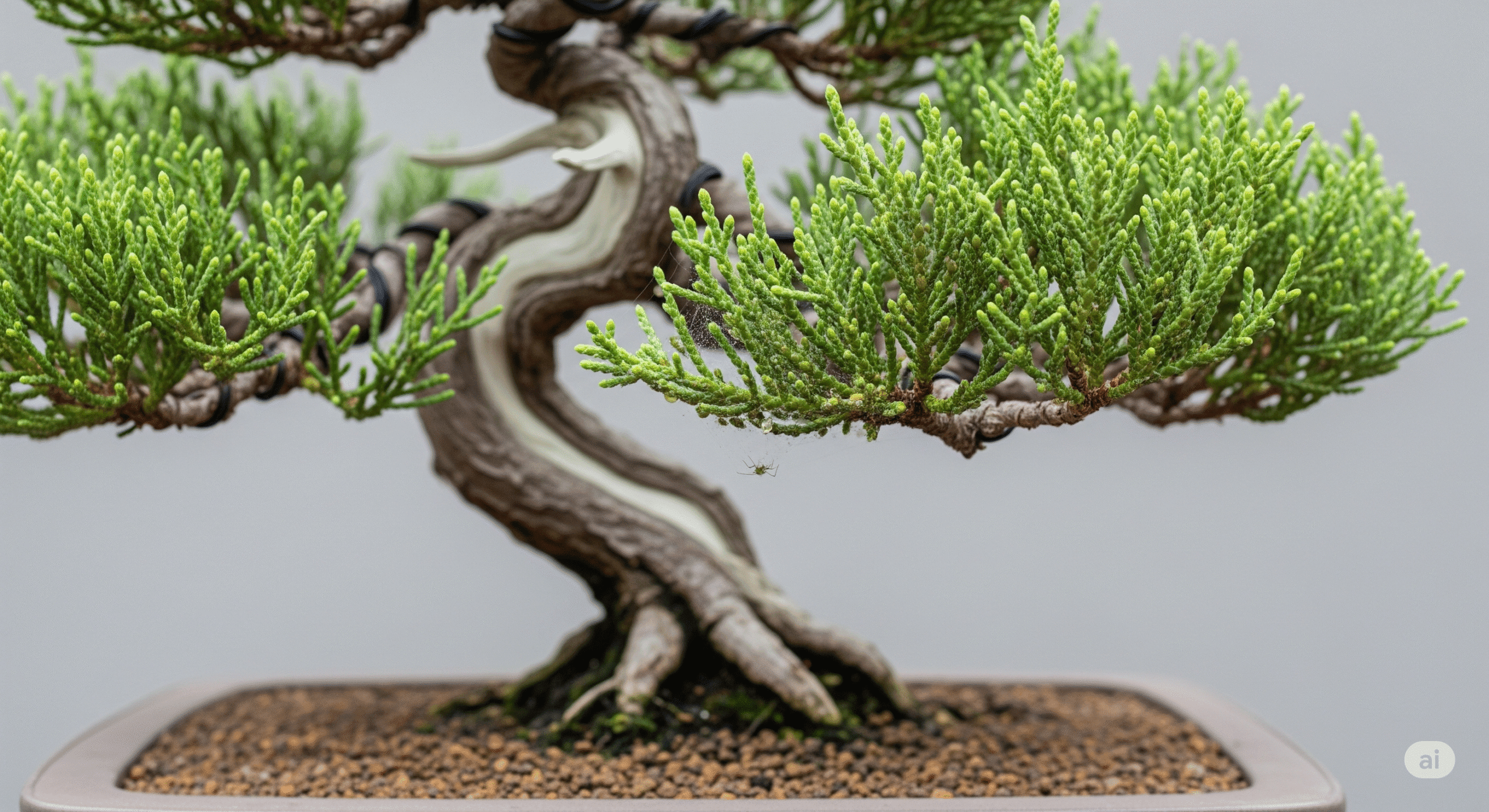 Close-up of a juniper bonsai tree showing common pests on its leaves.