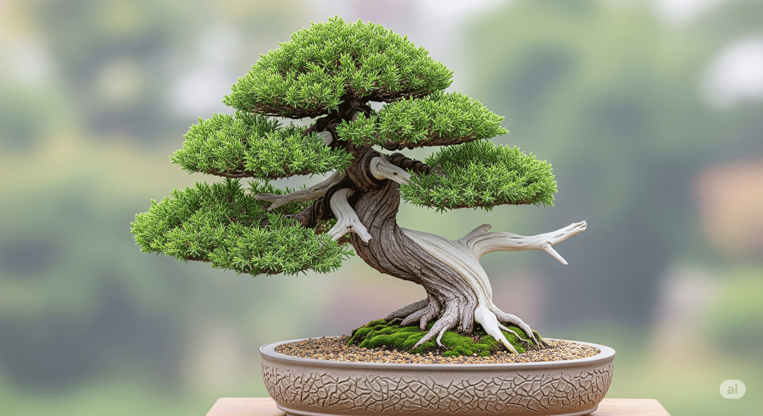 A photo of a Juniper Bonsai in a ceramic pot.