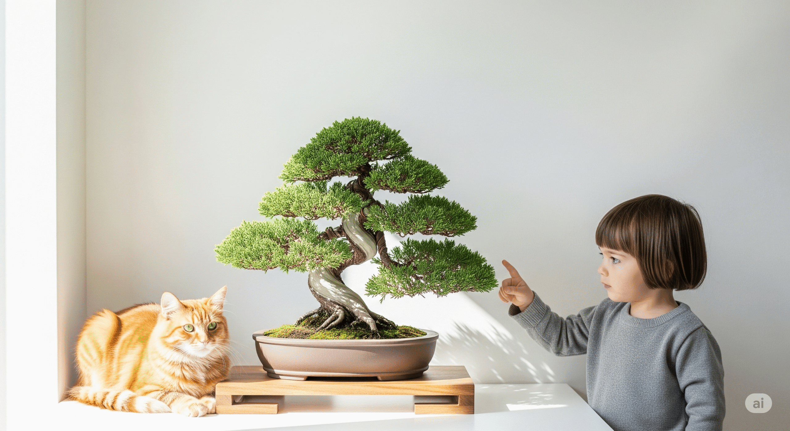 A photo of a juniper bonsai with a child and a cat nearby, representing the safety concerns for pets and children.