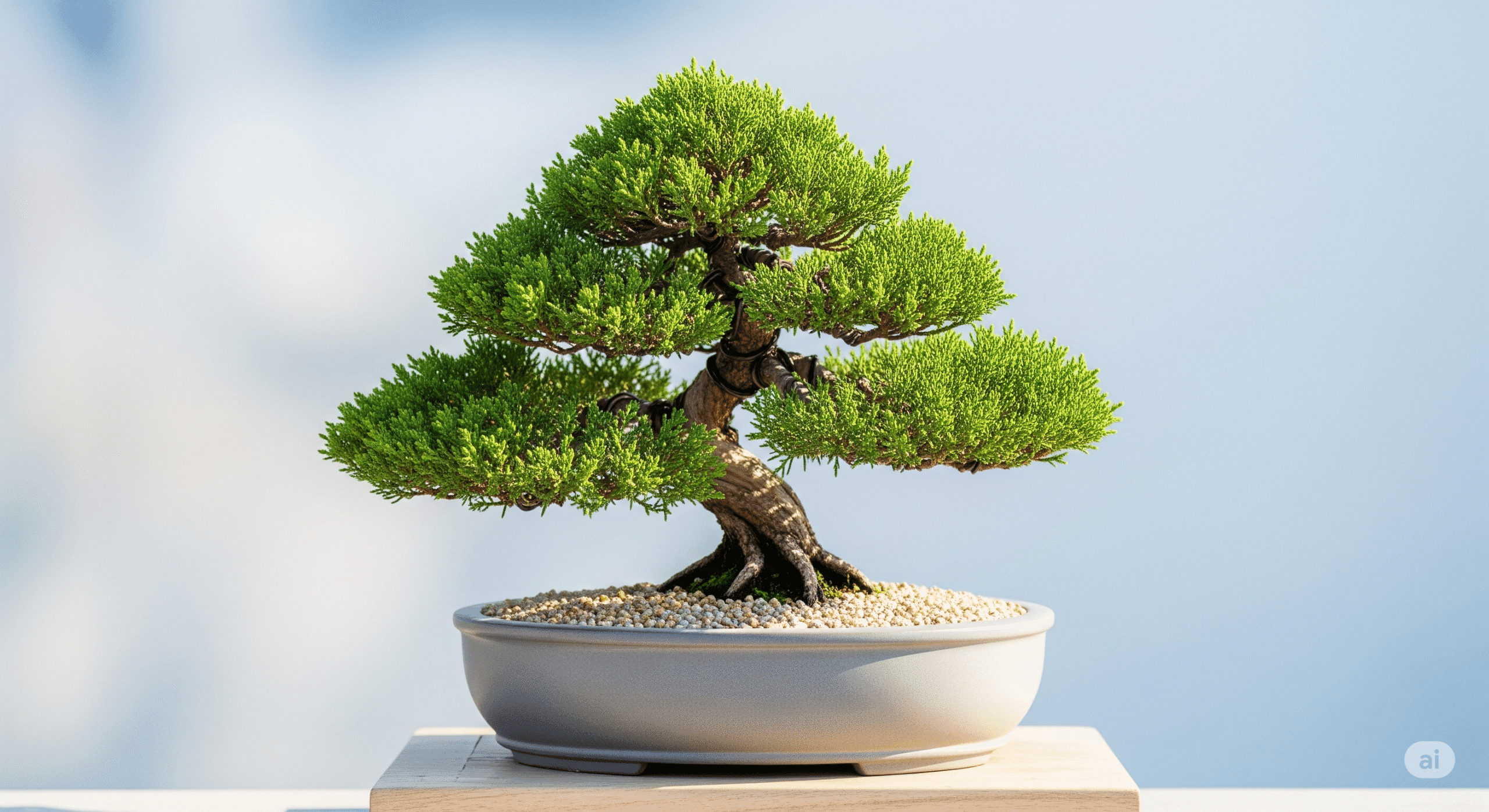 A juniper bonsai tree being prepared for summer heat.