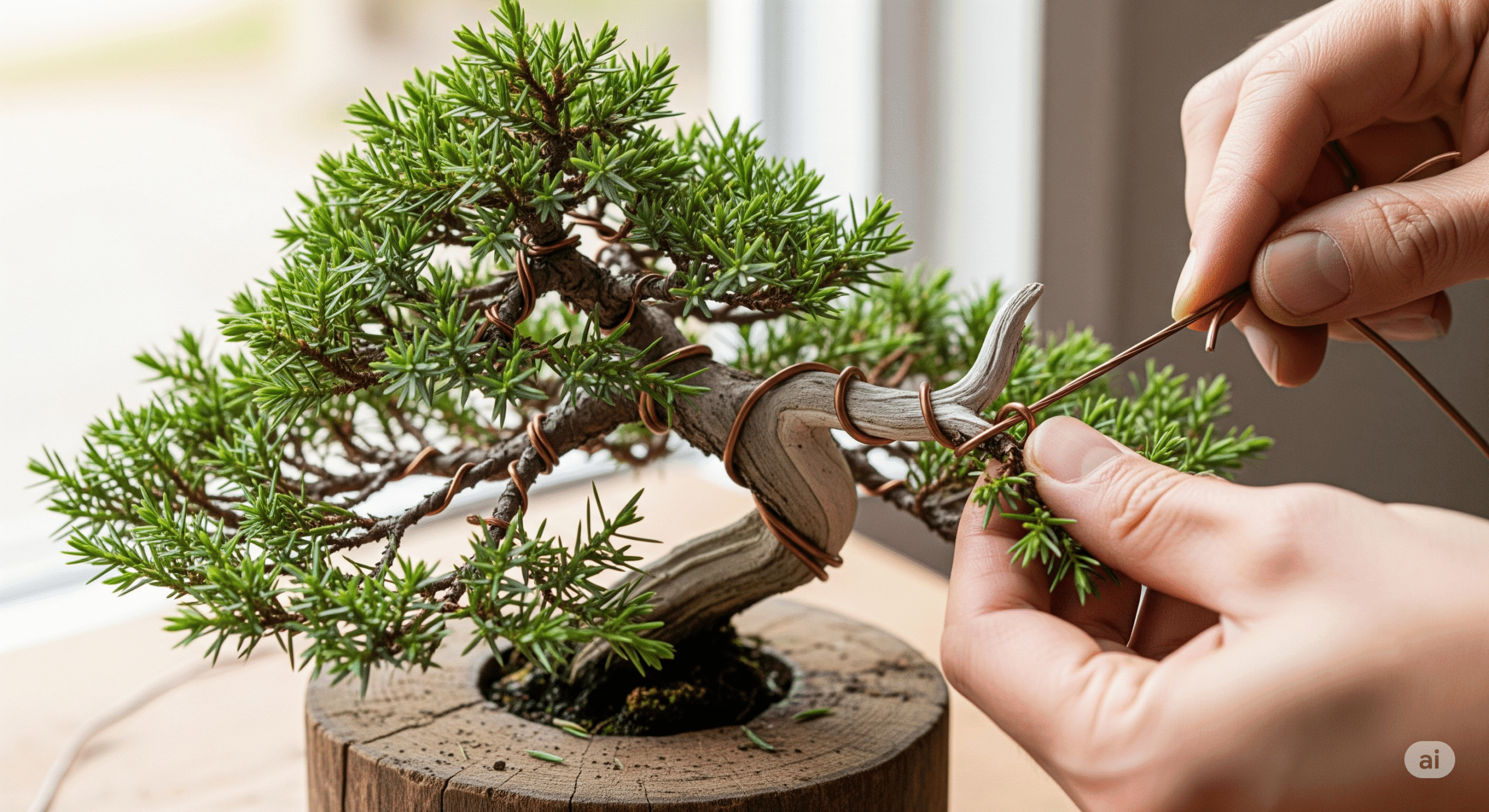A close-up of a person's hands carefully wiring a Juniper bonsai tree.